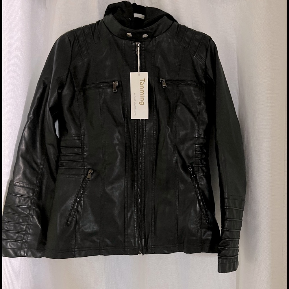 Tanming  Removable Hooded Faux Leather Jacket